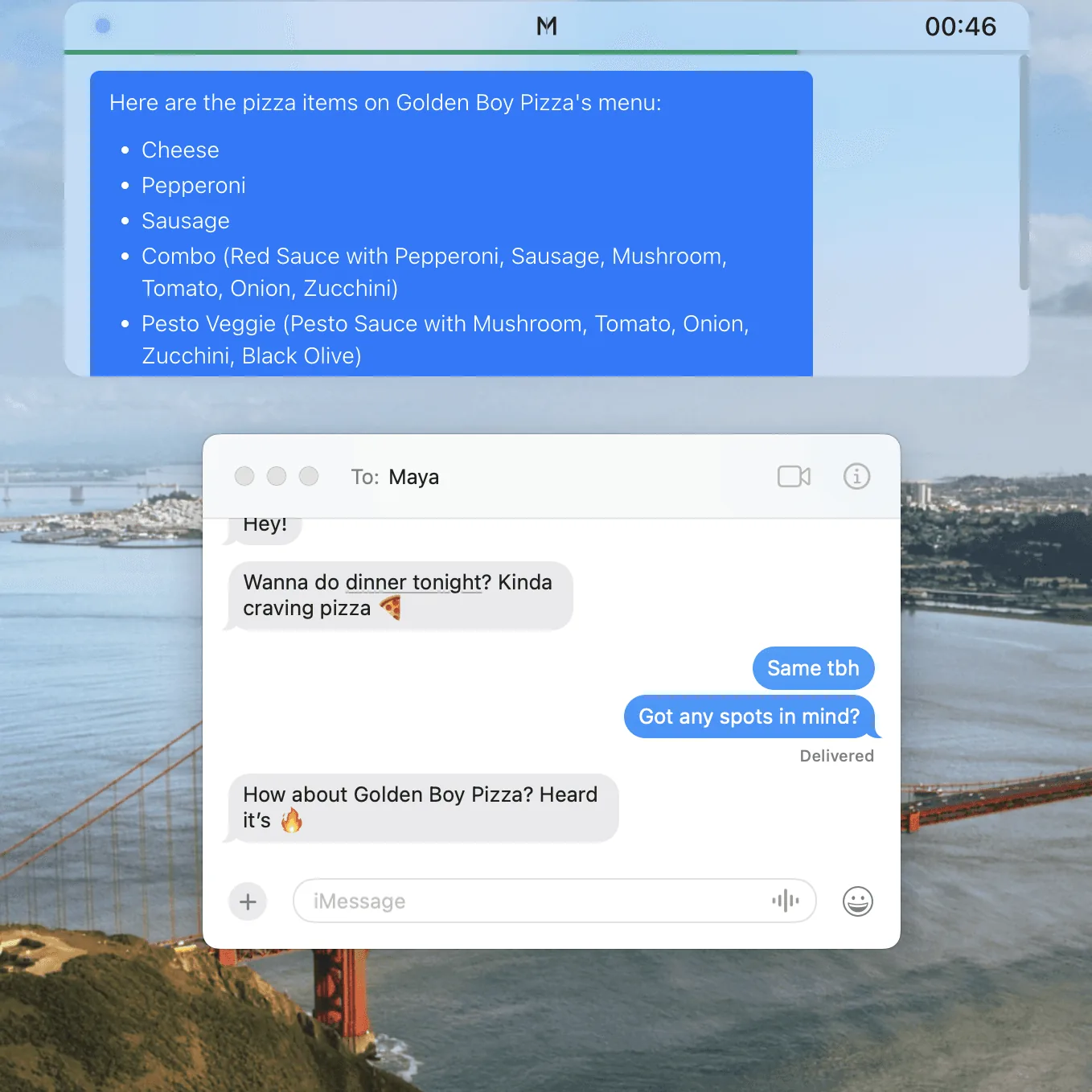 Mirra reading a pizza menu on screen while the user texts a friend about dinner